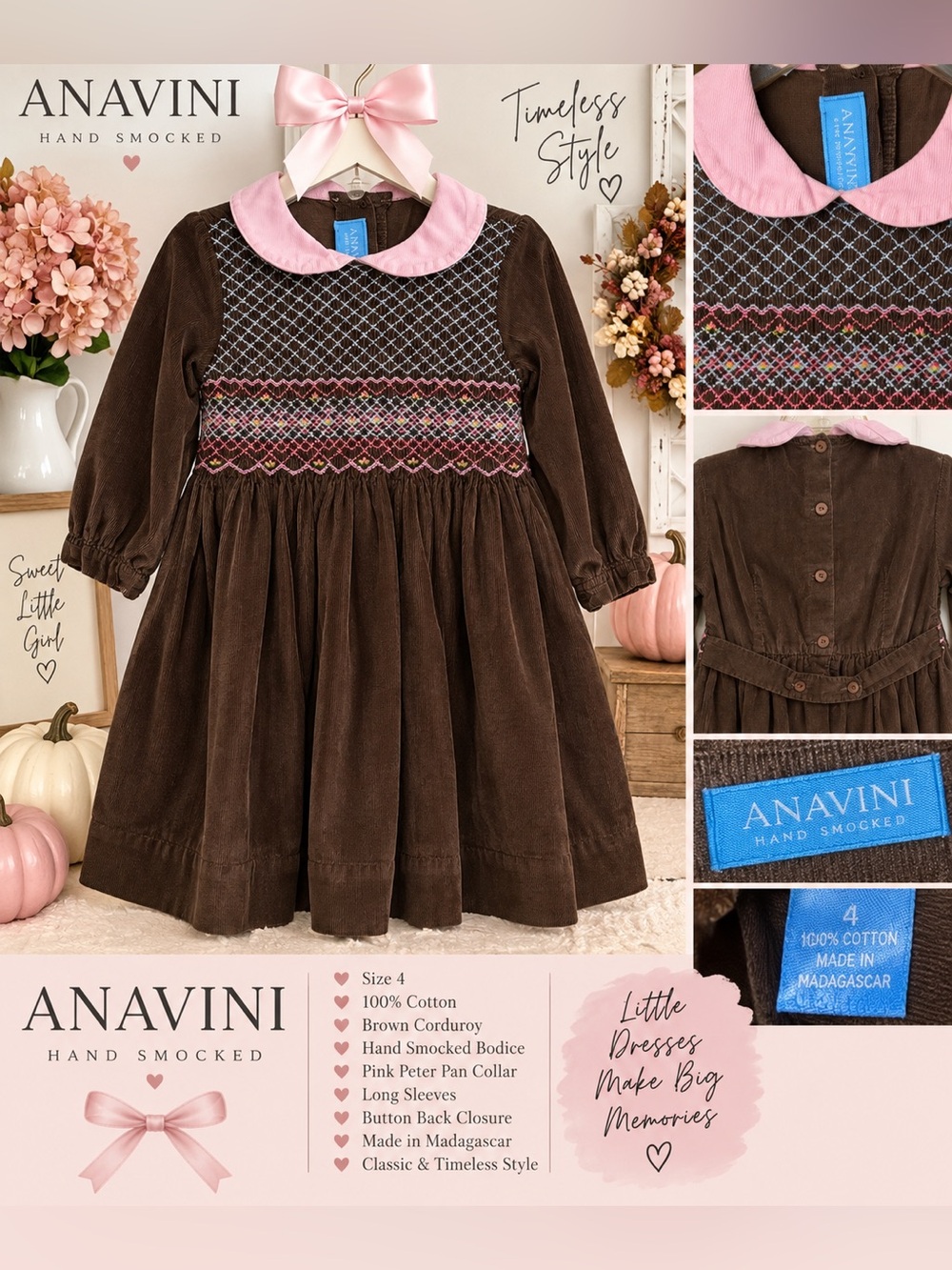 ANAVINI Girls Size 4 Hand Smocked Brown Corduroy Pink Collar Dress
